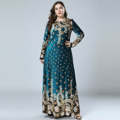 New Winter Velvet Maxi Long Dresses Elegant Gold Stamping Floral Printing Muslim Dress BLUE PINK GREEN M - 4XL