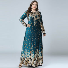 New Winter Velvet Maxi Long Dresses Elegant Gold Stamping Floral Printing Muslim Dress BLUE PINK GREEN M - 4XL