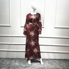 New Women Muslim Maxi Dress Jilbab Abaya Gown Dubai Floral Printed Belt Arab Middle East Dress Islamic Clothing Ramadan Fashion