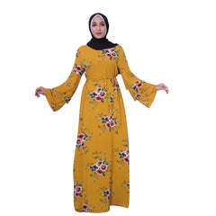 New Women Muslim Maxi Dress Jilbab Abaya Gown Dubai Floral Printed Belt Arab Middle East Dress Islamic Clothing Ramadan Fashion