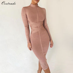 Turtleneck Rayon Long Sleeve Bandage Dress High Quality Ribbed Womens