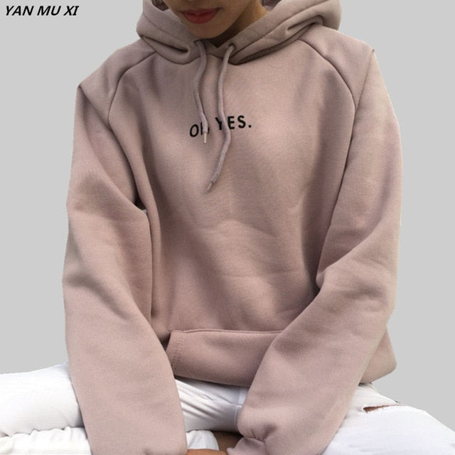 Long Sleeves Letter Harajuku Print  Light Pink Pullovers O-neck Women's Hooded Sweatshirt Tops