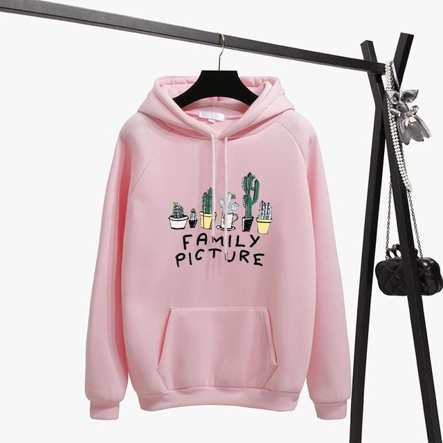Long Sleeves Letter Harajuku Print  Light Pink Pullovers O-neck Women's Hooded Sweatshirt Tops