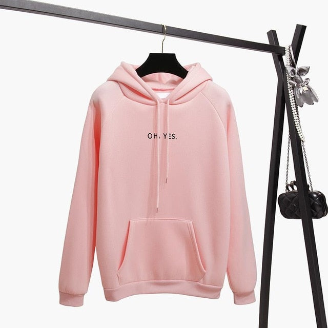 Long Sleeves Letter Harajuku Print  Light Pink Pullovers O-neck Women's Hooded Sweatshirt Tops
