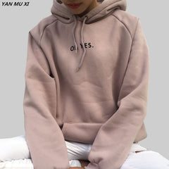 Long Sleeves Letter Harajuku Print  Light Pink Pullovers O-neck Women's Hooded Sweatshirt Tops