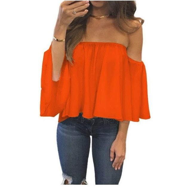 Plus Size 5XL  2020 Summer T-shirt Women Sexy Chiffon Off Shoulder Shirts
