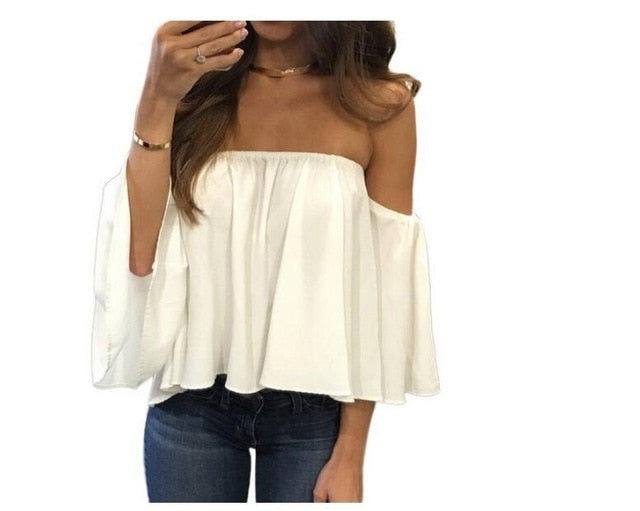 Plus Size 5XL  2020 Summer T-shirt Women Sexy Chiffon Off Shoulder Shirts