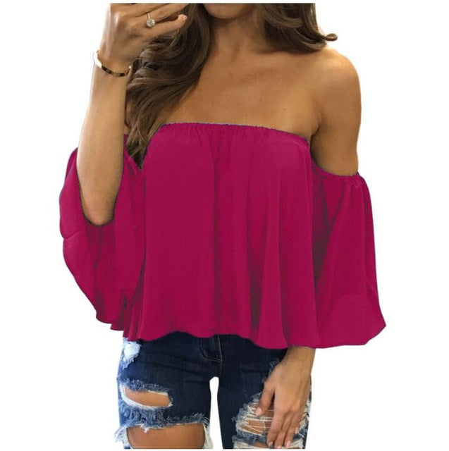 Plus Size 5XL  2020 Summer T-shirt Women Sexy Chiffon Off Shoulder Shirts