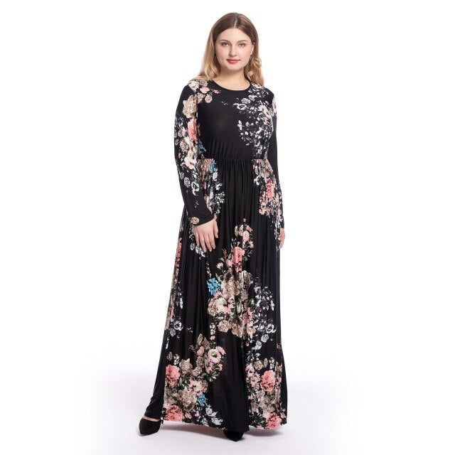 Plus Size New Boho Floral Print Maxi Long Dress Women Holiday Party Gown Draped Long Sleeve