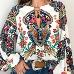 S-5XL Women Bohemian Clothing Blouse Shirt Vintage Floral Print Ladie‘s Blouses
