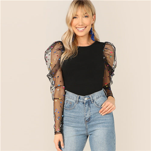 Black Colorful Dot Puff Shoulder Mesh Gigot Sleeve Skinny Tee O-Neck T Shirt