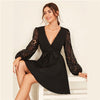 Image of SHEIN Black Contrast Guipure Lace Surplice Sexy Belted Dress Women 2019 Autumn Long Sleeve Deep V Neck Elegant Short Dresses