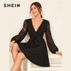 Image of SHEIN Black Contrast Guipure Lace Surplice Sexy Belted Dress Women 2019 Autumn Long Sleeve Deep V Neck Elegant Short Dresses