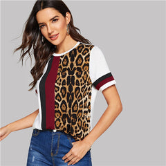 Color Block Cut-and-Sew Leopard Panel Top