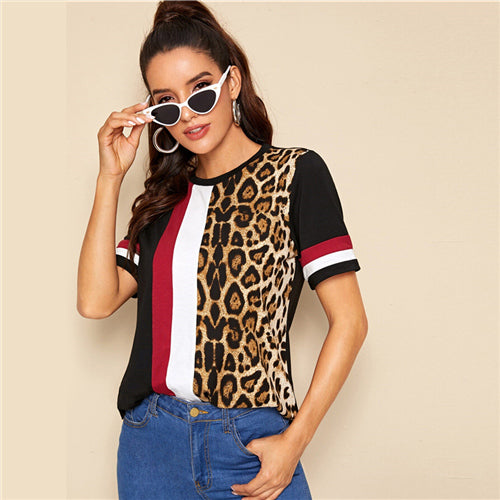 Color Block Cut-and-Sew Leopard Panel Top