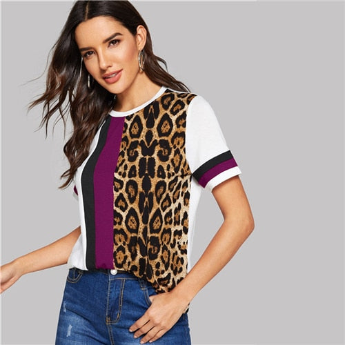 Color Block Cut-and-Sew Leopard Panel Top