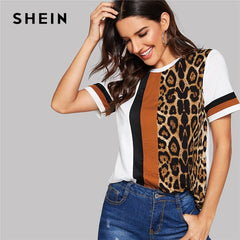 Color Block Cut-and-Sew Leopard Panel Top