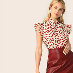 Elegant Red Bow Tie Neck Ruffle Trim Petal Print Top Blouse