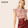 Image of Elegant Red Bow Tie Neck Ruffle Trim Petal Print Top Blouse