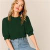 Image of Ladies Casual Green Puff Sleeve Keyhole Back Solid Top And Blouse