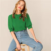 Image of Ladies Casual Green Puff Sleeve Keyhole Back Solid Top And Blouse