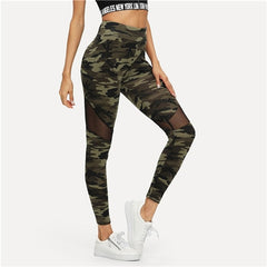 Multicolor Mesh Insert Camo Print Leggings Sporting Patchwork Sheer Crop Pants