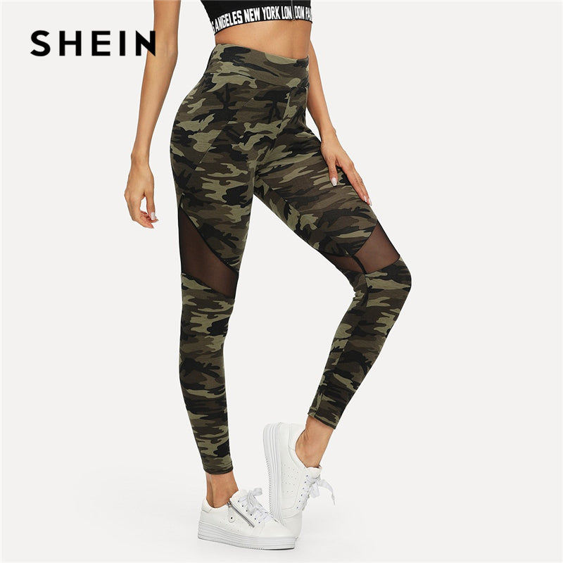 Multicolor Mesh Insert Camo Print Leggings Sporting Patchwork Sheer Crop Pants