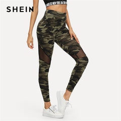 Multicolor Mesh Insert Camo Print Leggings Sporting Patchwork Sheer Crop Pants
