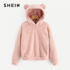 Preppy Lovely With Bears Ears Solid Teddy Hoodie Pullovers Sweatshirt