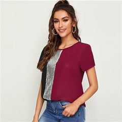 Top Women's and Blouses Casual Color block Short Sleeve Summer Blouses