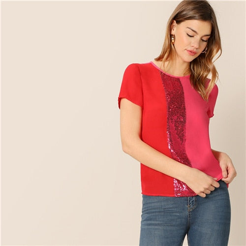 Top Women's and Blouses Casual Color block Short Sleeve Summer Blouses