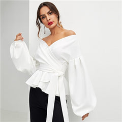 White Office Lady Elegant Lantern Sleeve Surplice Peplum Off the Shoulder