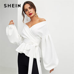 White Office Lady Elegant Lantern Sleeve Surplice Peplum Off the Shoulder