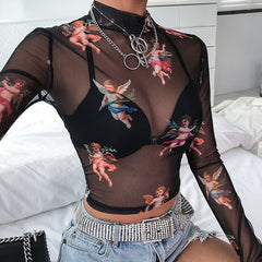 See Through Transparent Mesh Long Sleeve Sheer Slim Ladies Turtleneck T-Shirt