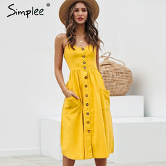 Simplee Elegant button women dress Pocket polka dots yellow cotton midi dress Summer casual female plus size lady beach vestidos