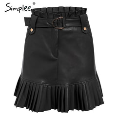 Simplee Sash belt PU leather women skirt Ruffled high waist female mini skirt A-line Party club wear ladies sexy short skirt