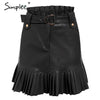 Image of Simplee Sash belt PU leather women skirt Ruffled high waist female mini skirt A-line Party club wear ladies sexy short skirt