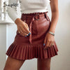 Image of Simplee Sash belt PU leather women skirt Ruffled high waist female mini skirt A-line Party club wear ladies sexy short skirt