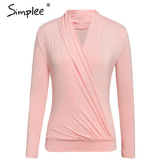 Simplee V neck office ladies blouses shirts Long sleeve