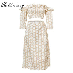 Sollinarry Floral 2 Pieces Dress Siuts Autumn Women Ruffle Beach Off Shoulder Long Dresses High Split Female Maxi Dresses Winter