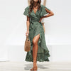 Image of Summer Beach Maxi Dress Women Floral Print Boho Long Chiffon Dress Ruffles Wrap Casual V-Neck Split Sexy Party Dress Robe Femme