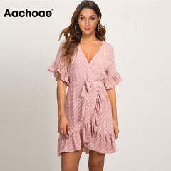 Summer Dress 2019 Boho Style Beach Dress Fashion Short Sleeve V-neck Polka Dot A-line Party Dress Sundress Vestidos