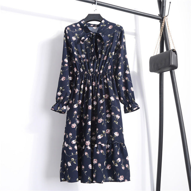 Summer Korean Chiffon Women Dress Elegant Ladies Vintage Long Dress Boho Floral Office Long Sleeve Vestidos Clothing 5LYQ003