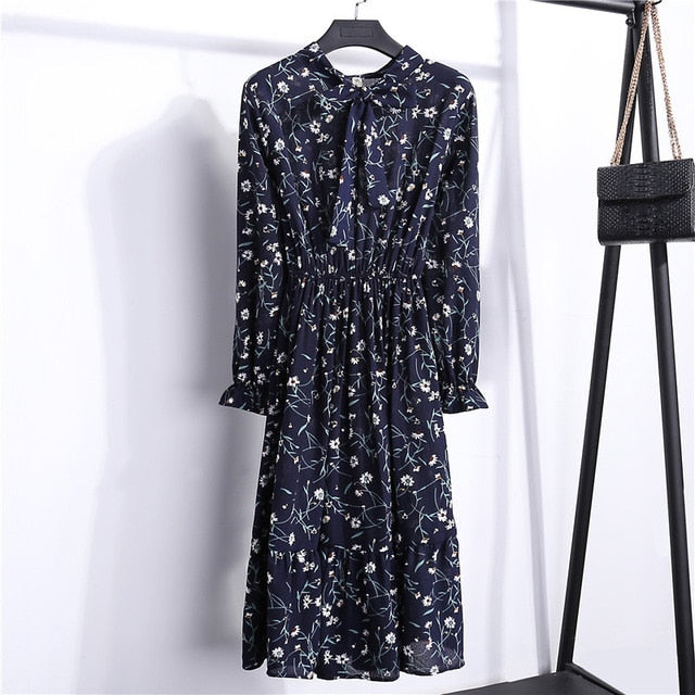 Summer Korean Chiffon Women Dress Elegant Ladies Vintage Long Dress Boho Floral Office Long Sleeve Vestidos Clothing 5LYQ003