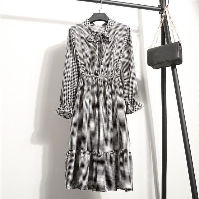 Summer Korean Chiffon Women Dress Elegant Ladies Vintage Long Dress Boho Floral Office Long Sleeve Vestidos Clothing 5LYQ003