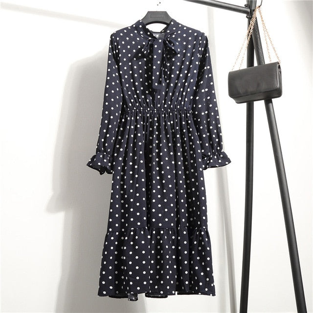 Summer Korean Chiffon Women Dress Elegant Ladies Vintage Long Dress Boho Floral Office Long Sleeve Vestidos Clothing 5LYQ003