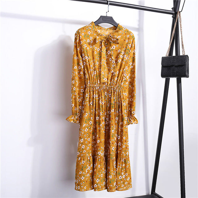 Summer Korean Chiffon Women Dress Elegant Ladies Vintage Long Dress Boho Floral Office Long Sleeve Vestidos Clothing 5LYQ003