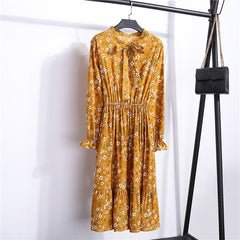 Summer Korean Chiffon Women Dress Elegant Ladies Vintage Long Dress Boho Floral Office Long Sleeve Vestidos Clothing 5LYQ003