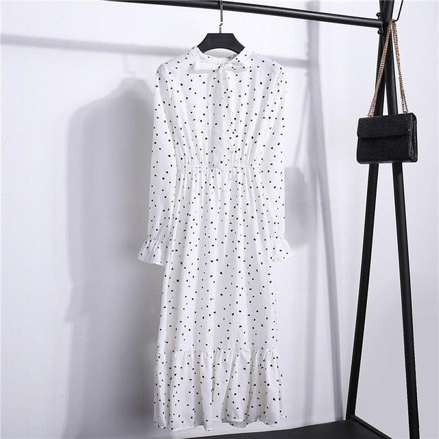 Summer Korean Chiffon Women Dress Elegant Ladies Vintage Long Dress Boho Floral Office Long Sleeve Vestidos Clothing 5LYQ003