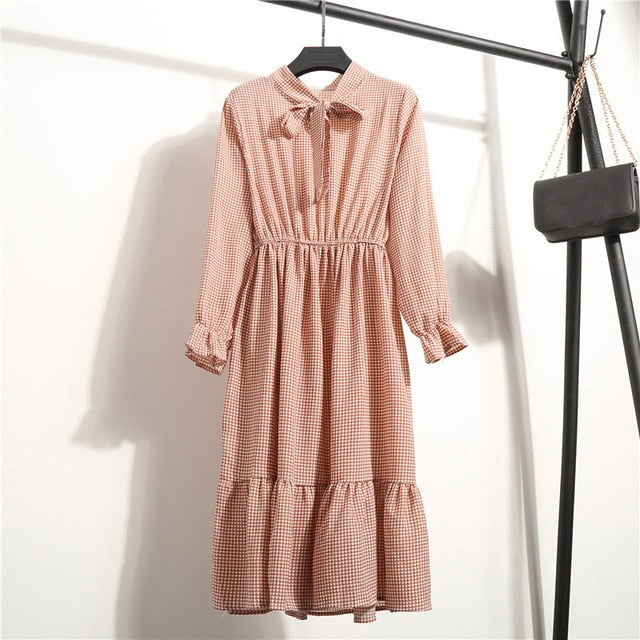 Summer Korean Chiffon Women Dress Elegant Ladies Vintage Long Dress Boho Floral Office Long Sleeve Vestidos Clothing 5LYQ003